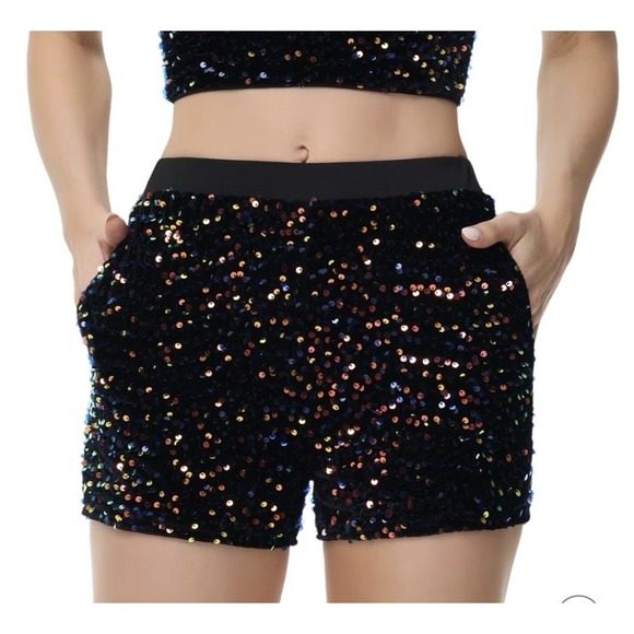 SHEIN Pants - Shein Black With Colorful Sequins Shorts Elastic Waist Pull On Party